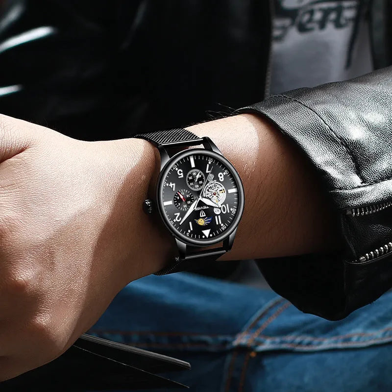 Men's black mechanical watch with moon phase dial and luminous hands on alloy case