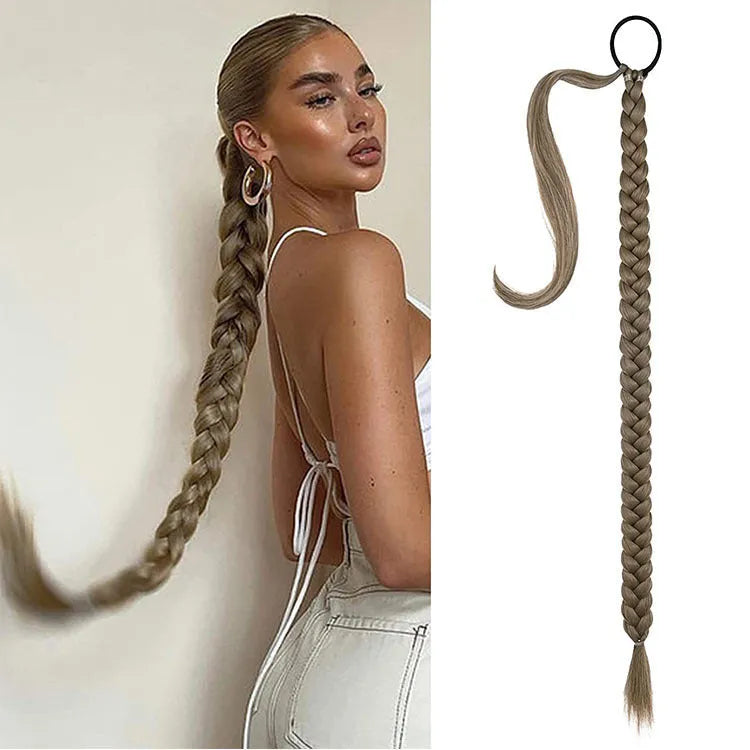 Winding ponytail wig in brown black, high-temperature fibre, non-hot dyed, on a stand.