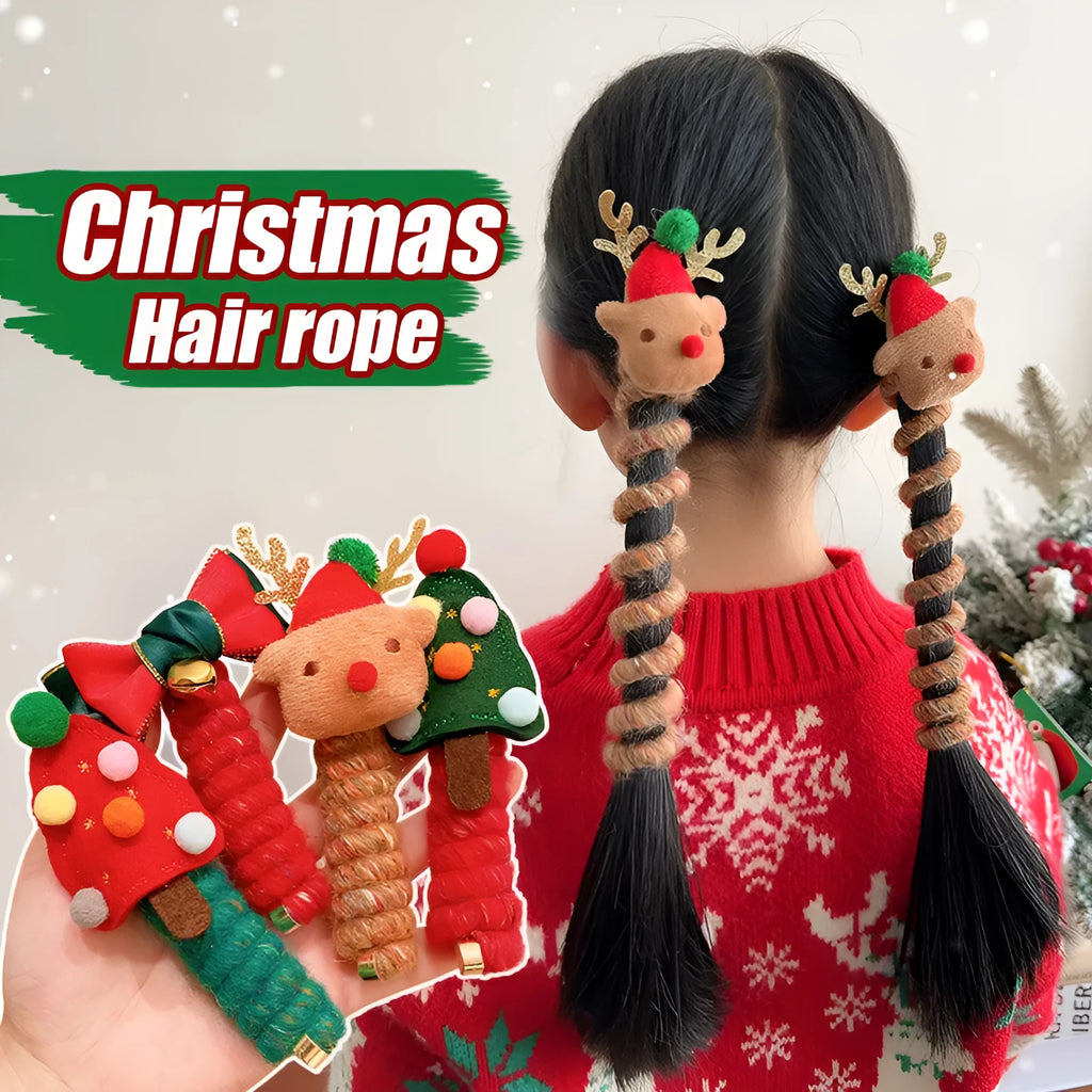 Children Christmas hair ties with red bell, green tree, khaki elk, and red tree designs on a light background