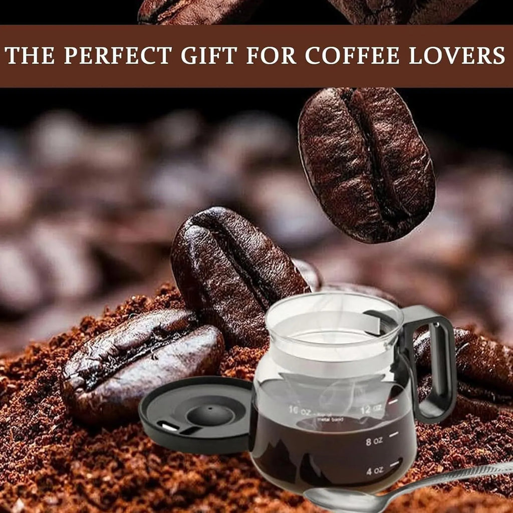 Black 16 oz borosilicate glass coffee cup coffee pot style on table