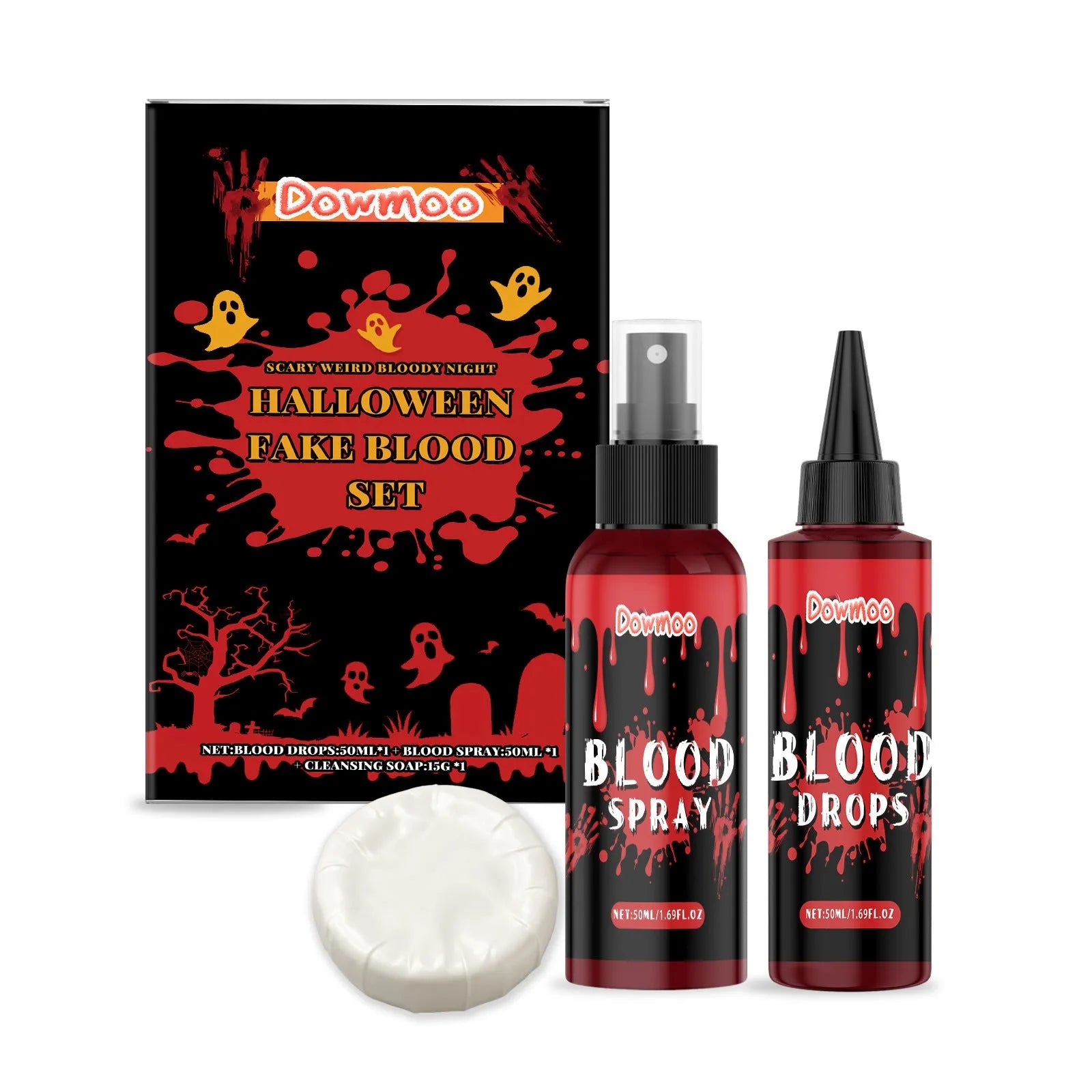 Washable simulation fake blood special effects makeup 3-piece set with bottles and soap.