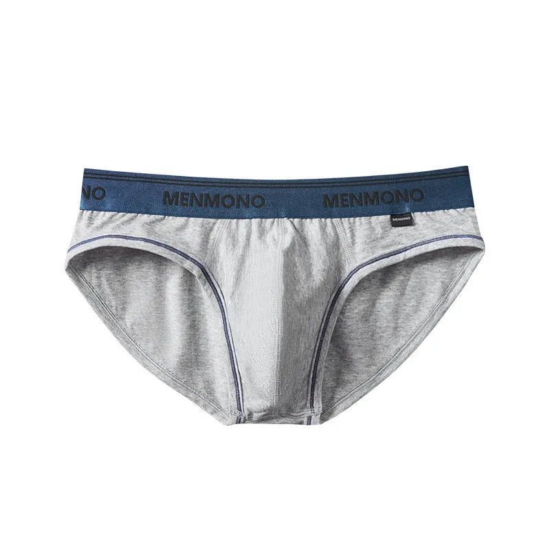 Men's low-waist cotton briefs in a colour-block design on a size chart.