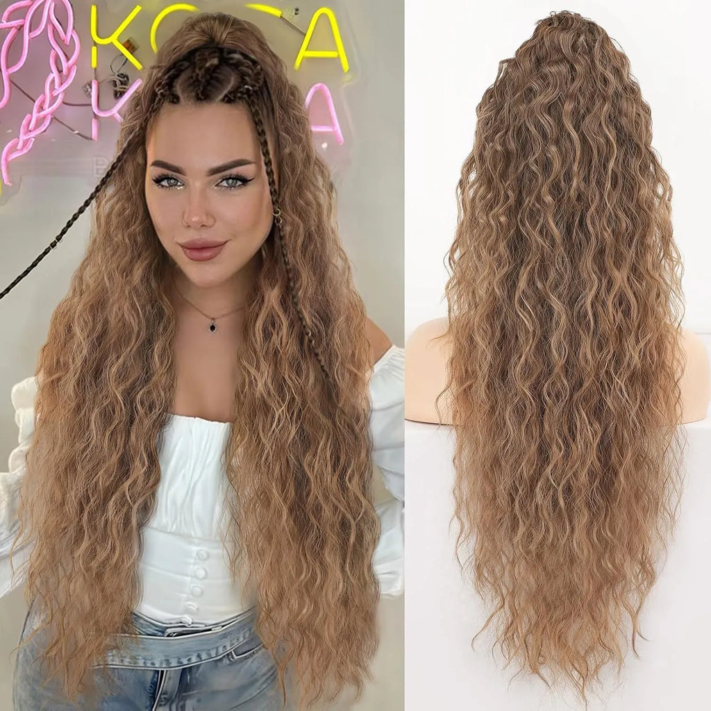 Long, fluffy curly synthetic ponytail wig in a high temperature fibre, shown in a 30-inch length.