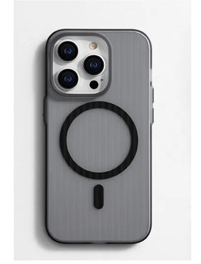 iPhone 15 Pro Max magnetic phone case in black with frosted PC hard shell and striped sand design