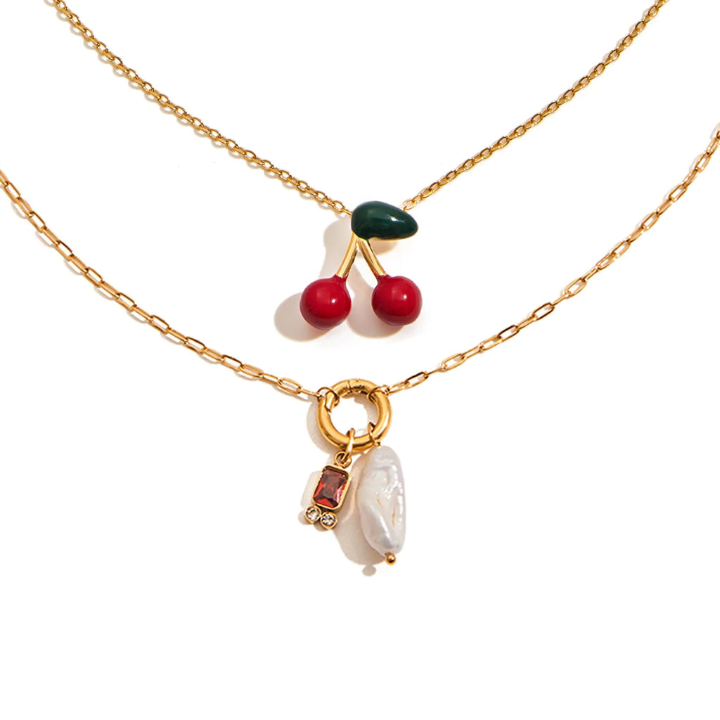 Stainless steel fruit-shaped pearl necklace with cherry pendant for women, light luxury style
