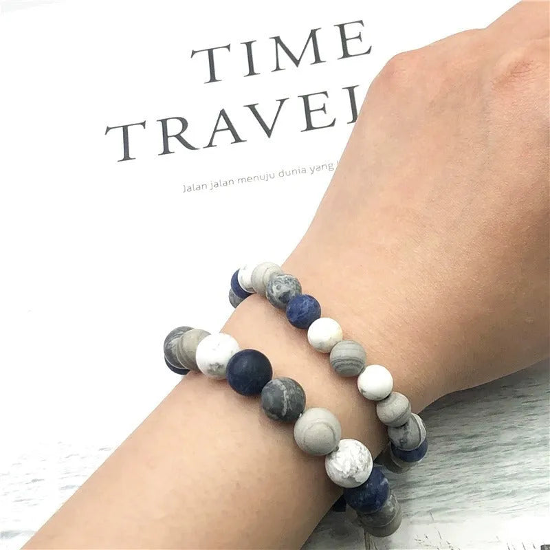 Handmade men's bracelet with planet stone starry design in U-shape, showing bead size options.