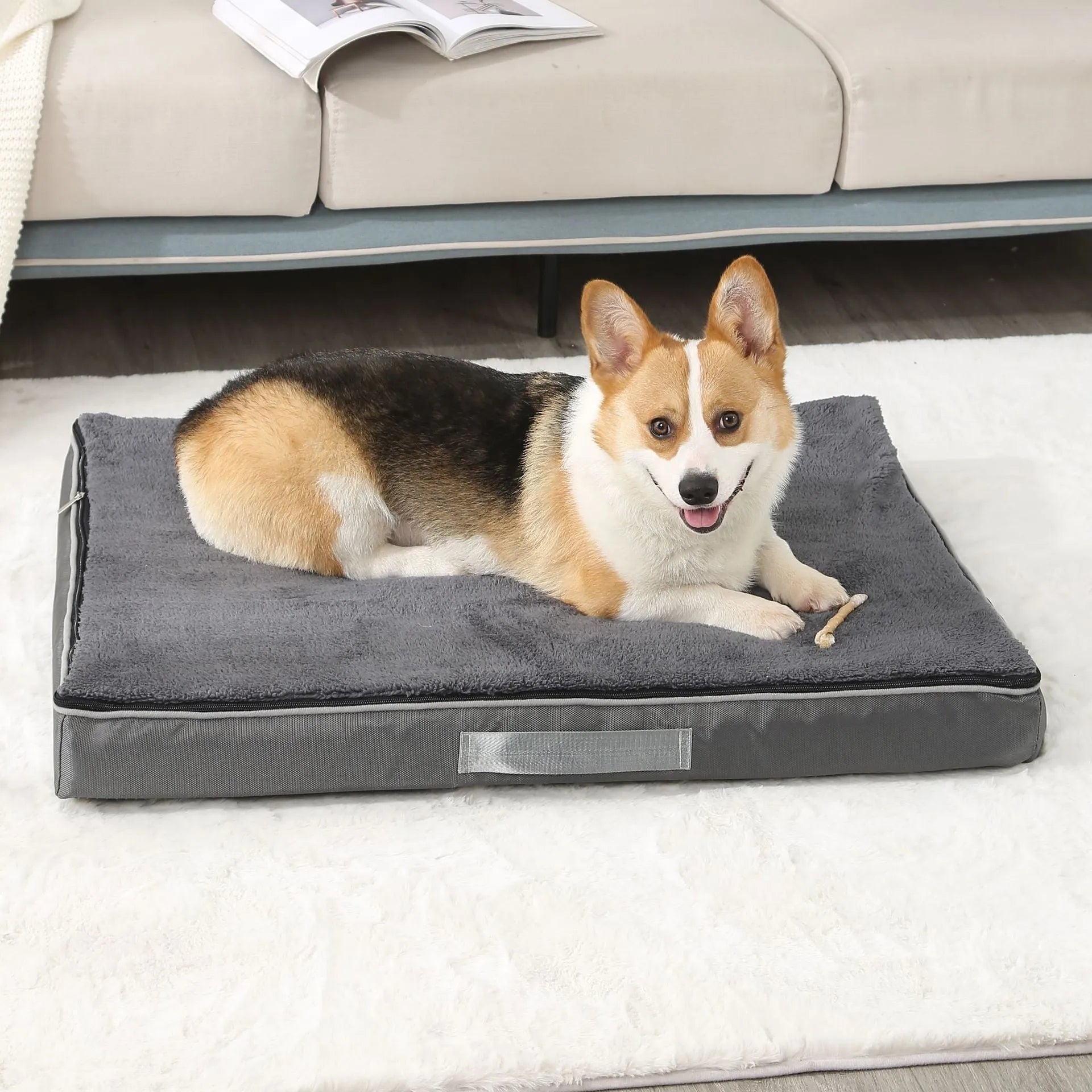 Brown removable sponge dog mat showing size and textured surface.
