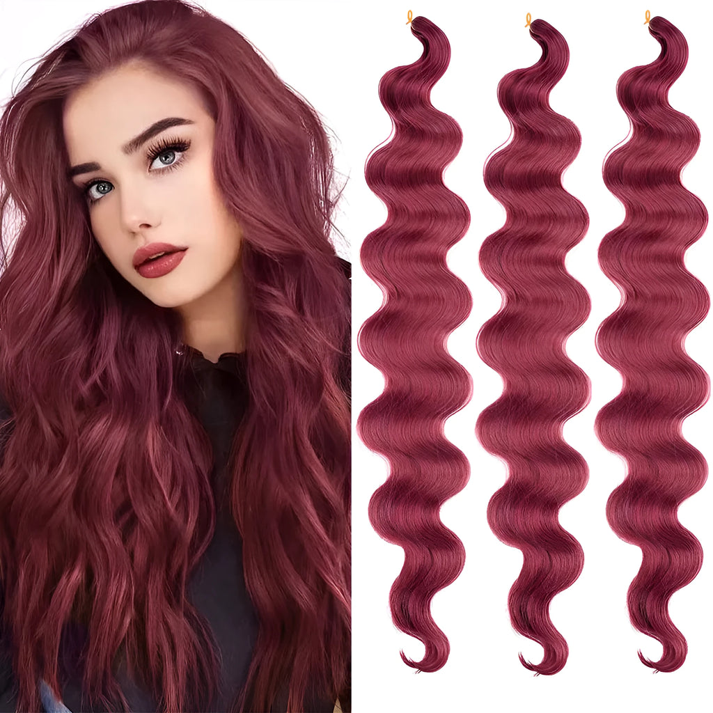 Wine red long synthetic wig with big curly waves and braided texture, 24 inches long.