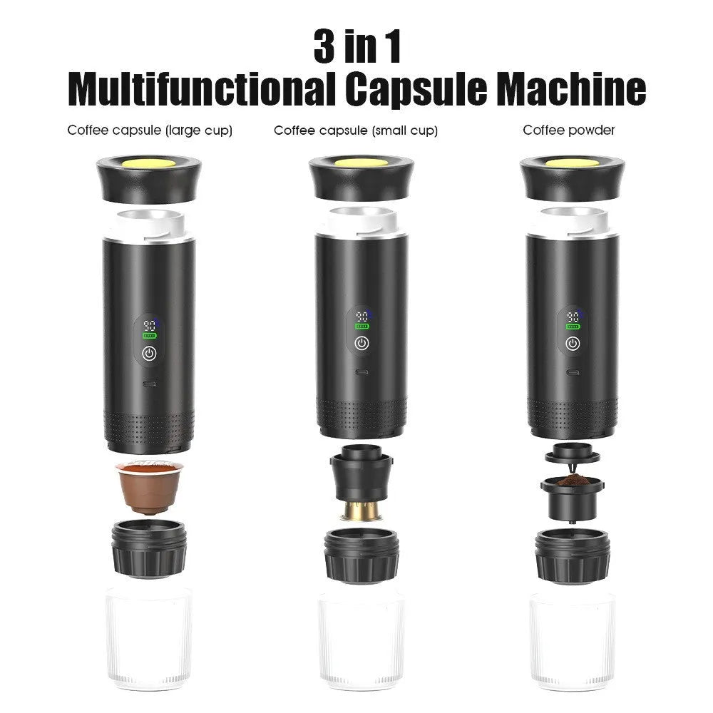 Portable capsule coffee machine with LCD display in Nordic design for car and travel use
