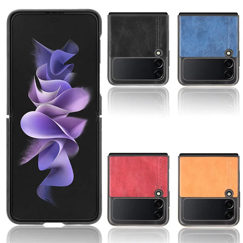 Cow pattern car thread phone case for Samsung Galaxy Z Flip 3 and 4, PC leather back cover in black.