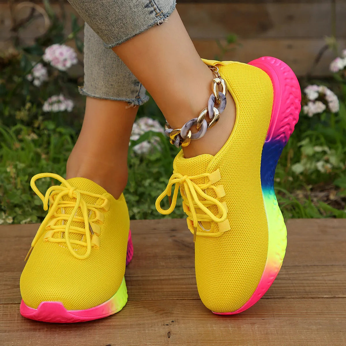 Women's lace-up mesh trainers with rainbow sole in black, white or yellow, sizes 36-43