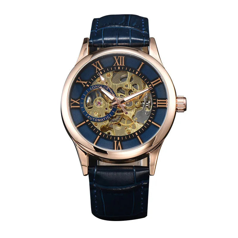 Men's mechanical watch with Roman scale dial, metal case, and faux leather strap on wrist