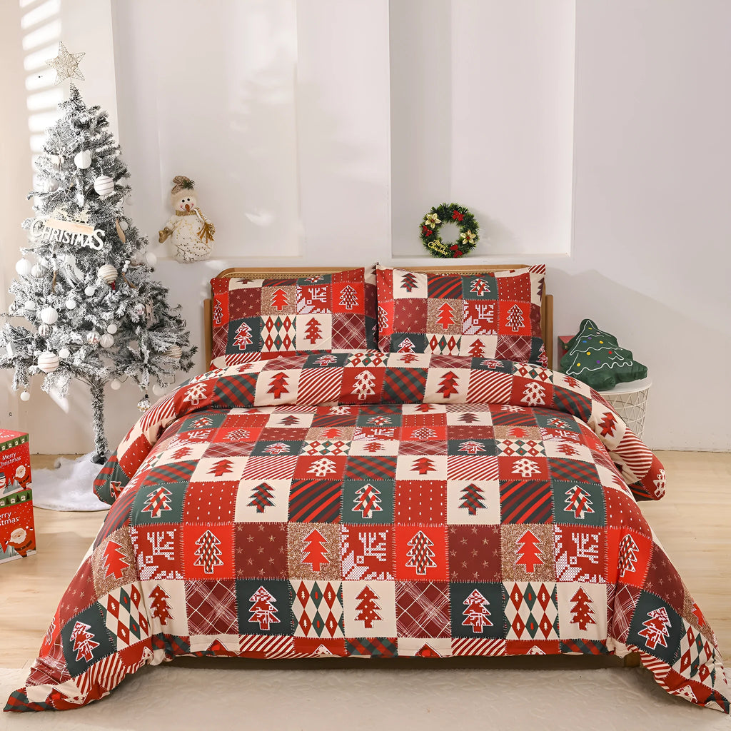Christmas red plaid bedding three-piece set with European bed cover-style design on chemical fibre fabric