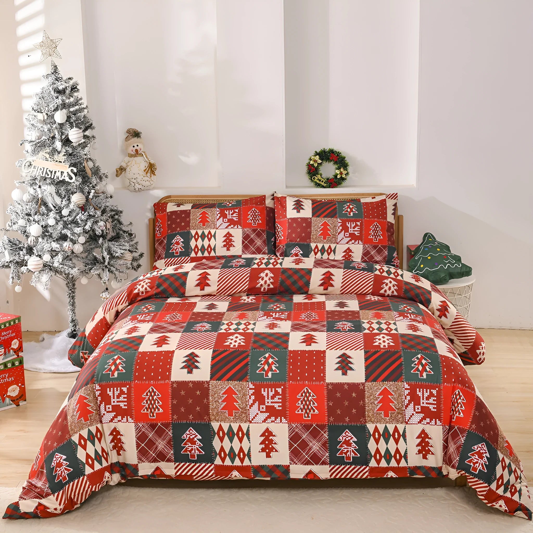 Christmas red plaid bedding three-piece set with European bed cover-style design on chemical fibre fabric