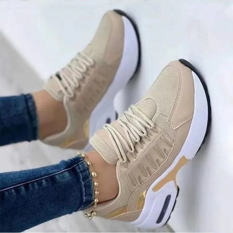 Lace up wedge heel running shoes for women with breathable mesh upper in low heel 1-3 cm round toe design