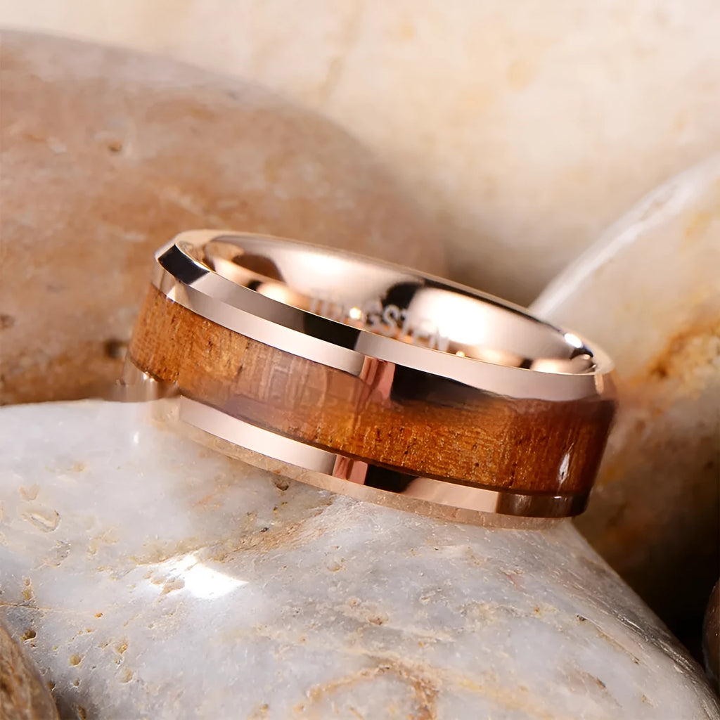 Men's 8mm Ugyen ring with wood and leather inlay in rose gold plating