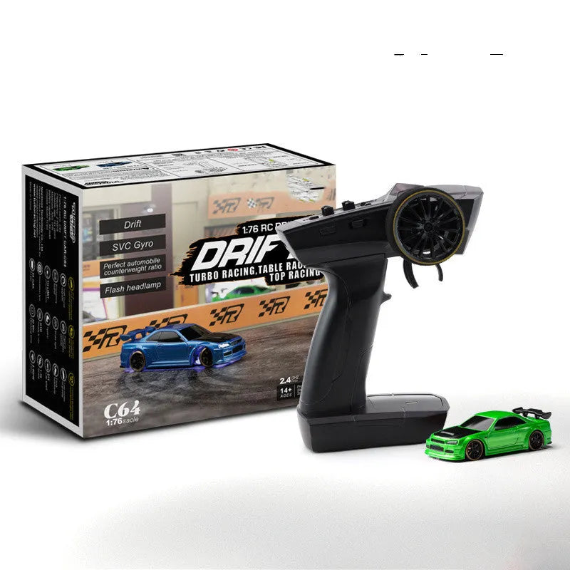 Turbo Racing C64 1:76 scale RC drift car with blue body and P21-SVC remote control transmitter