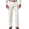 Men's beige linen trousers with slant pockets laid flat on a surface.