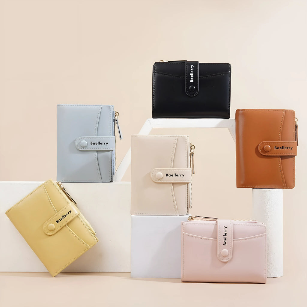 Women's waterproof PU leather wallet in apricot colour with anti-theft design