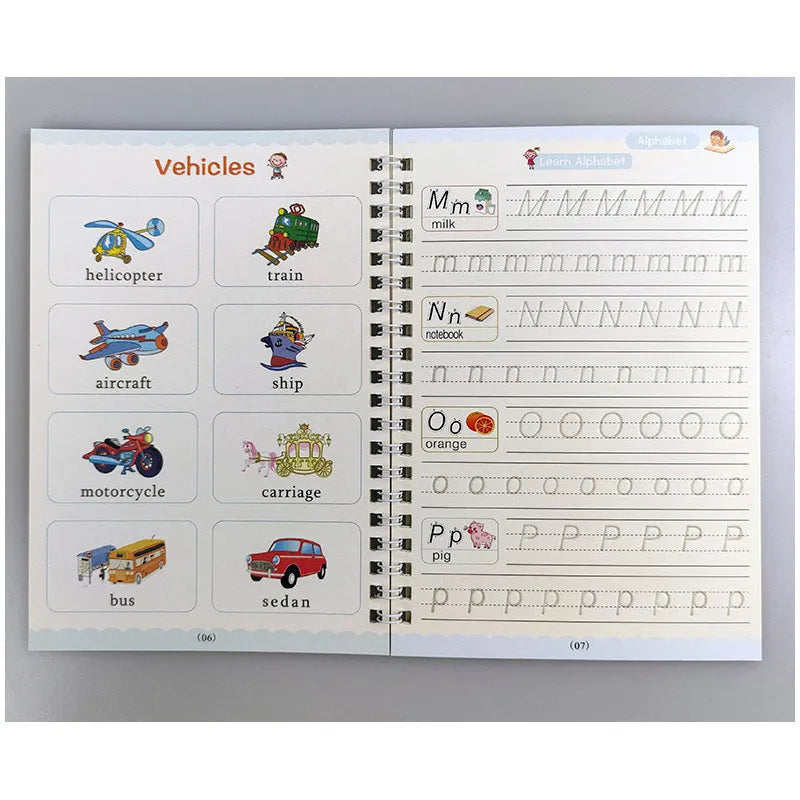 Children magic stylus calligraphy set with four slotted groove copybooks, pen, and refills in white on wooden table