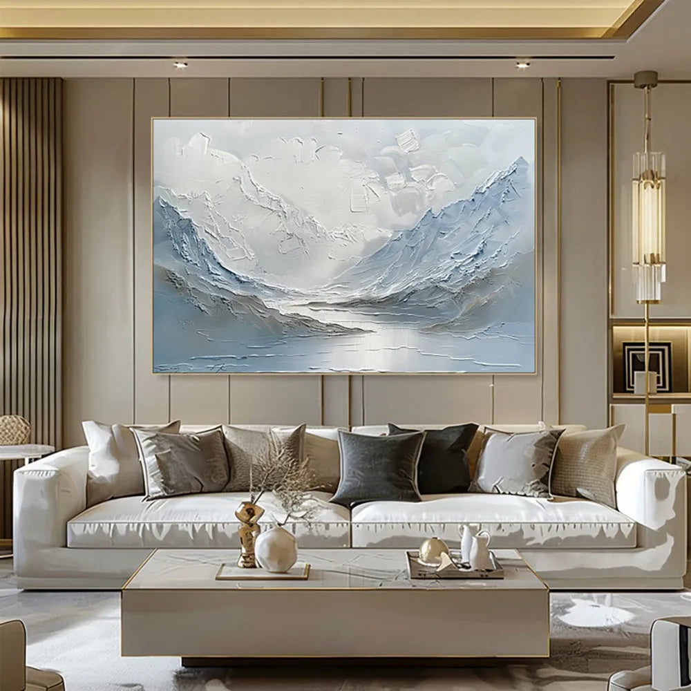 Light blue and white handpainted oil painting of mountain and lake scenery on thick canvas