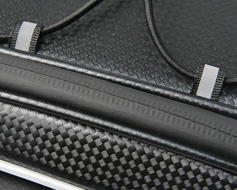 Waterproof black bicycle rack bag mounted on rear bicycle rack showing 8-litre capacity dimensions