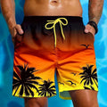 Men's loose board short swimming trunks in ethnic style pattern, made from polyester fabric.