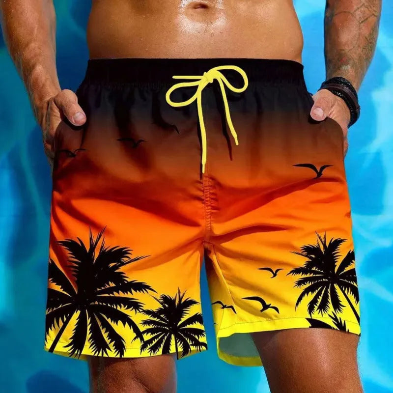 Men's loose board short swimming trunks in ethnic style pattern, made from polyester fabric.