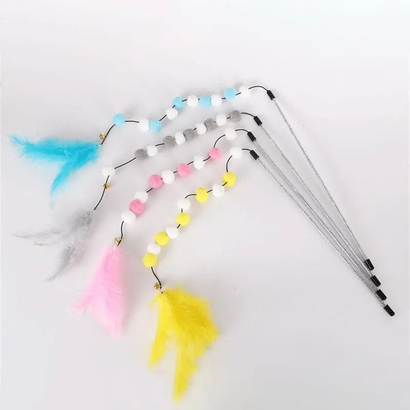 31cm long cat teaser stick with acrylic pompon and feather attachments in contrasting colours