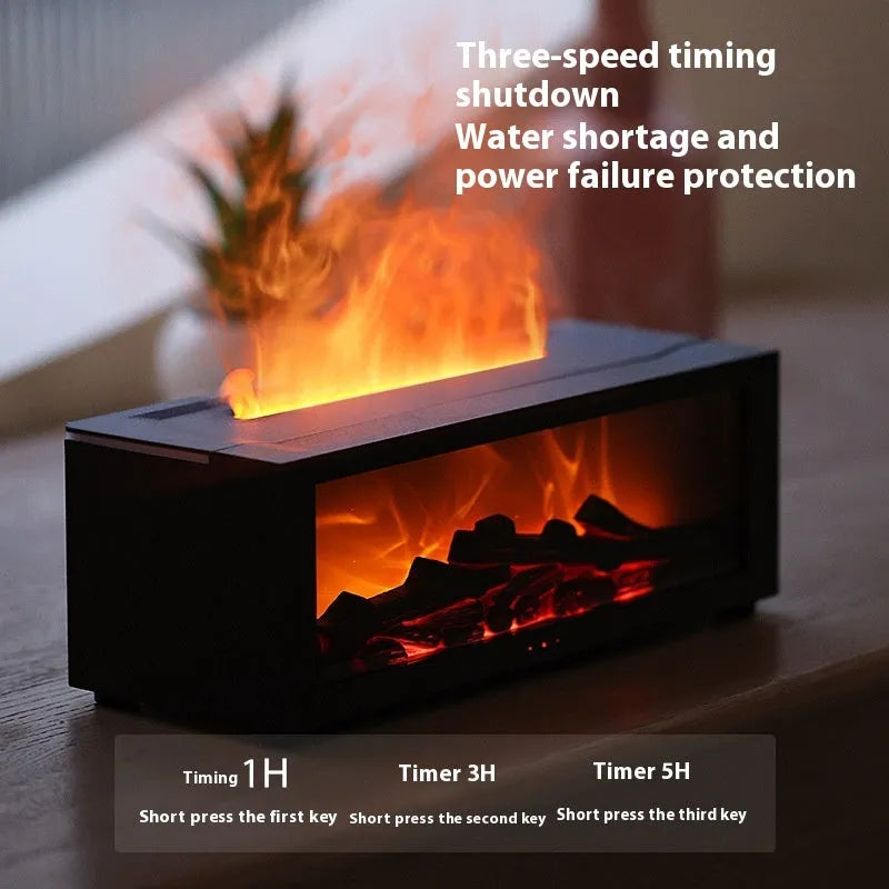 Square flame aromatherapy machine with LED 3D flame effect, seven colour mood lights, and remote control.