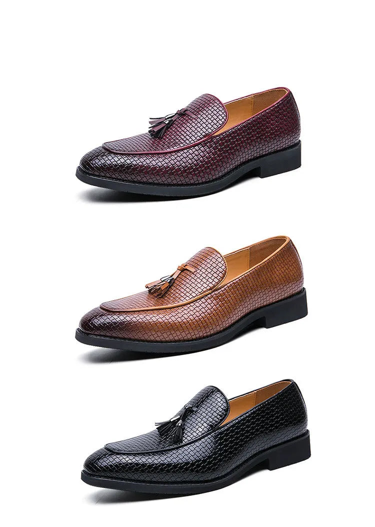 Men's black slip-on loafers with pointed toe and tassel detail, business style artificial PU shoes