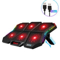 Black and red Ice Magic 6 notebook cooling pad with six fans, shown next to a laptop.