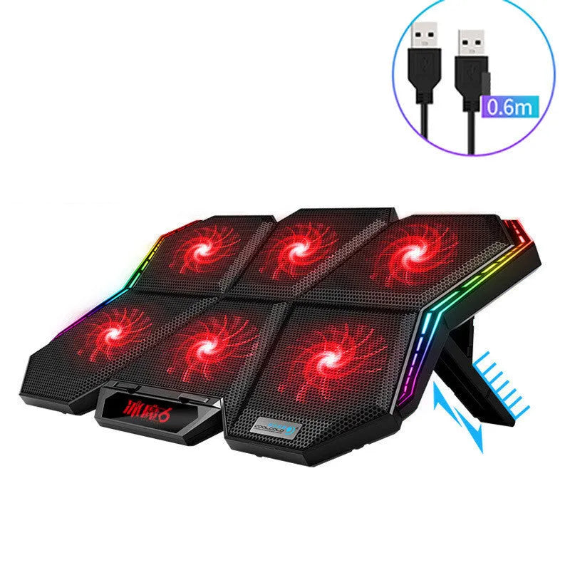 Black and red Ice Magic 6 notebook cooling pad with six fans, shown next to a laptop.