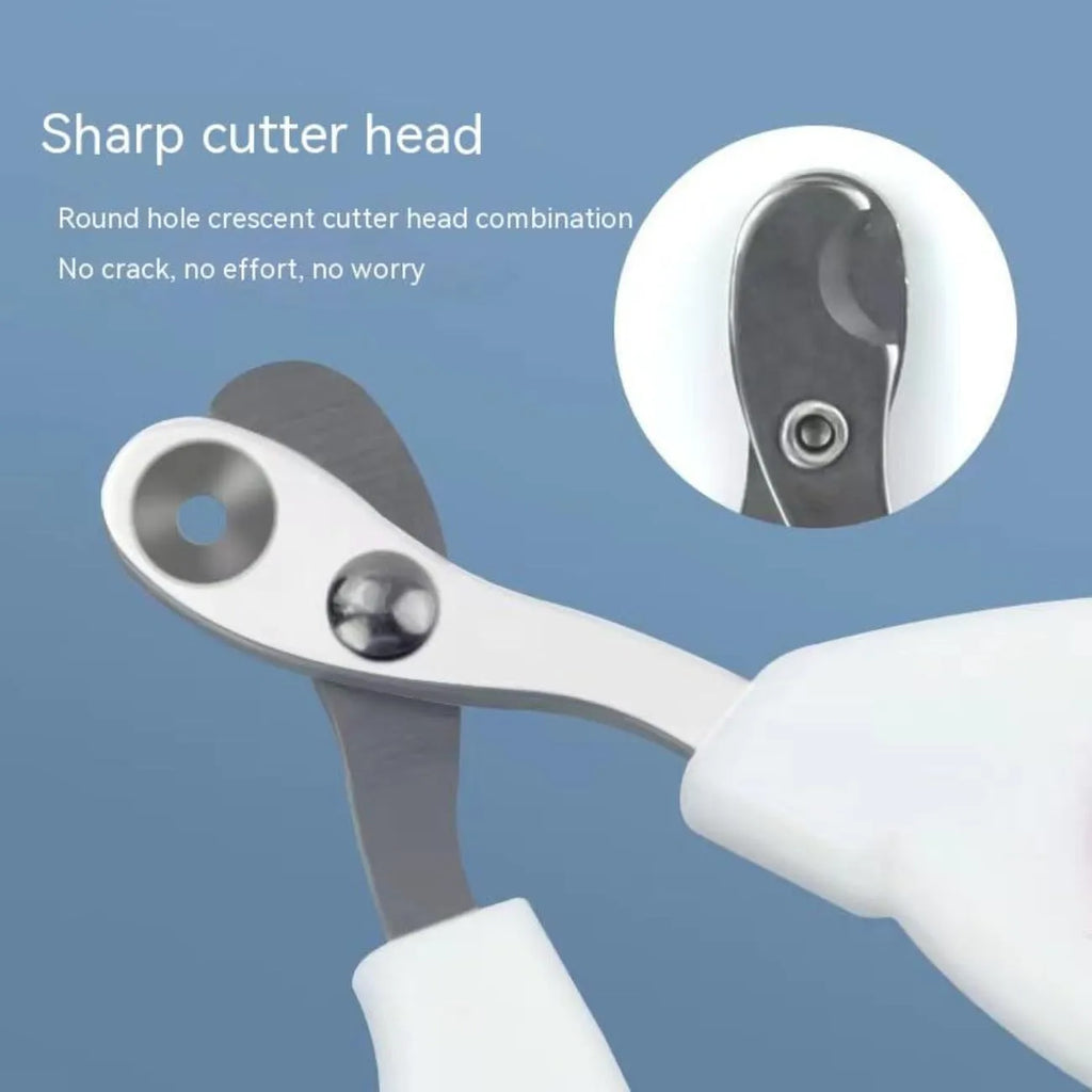 Blue handled cat nail clippers with circular cut hole showing stainless steel blade and non-slip grip.