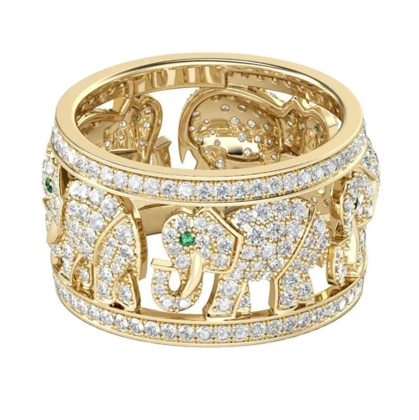 Alloy elephant ring with diamond detailing in gold or silver colour on finger