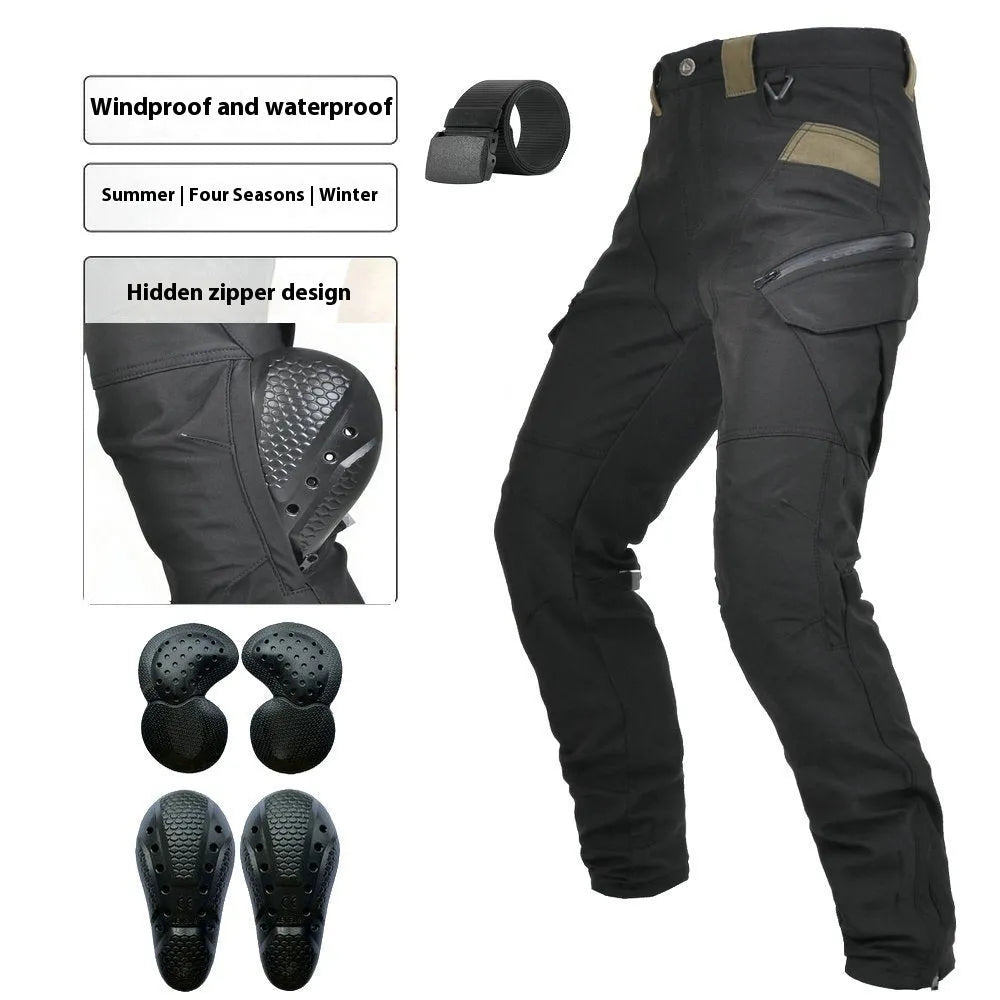 Motorcycle waterproof cycling pants with protective gear and belt in solid colour