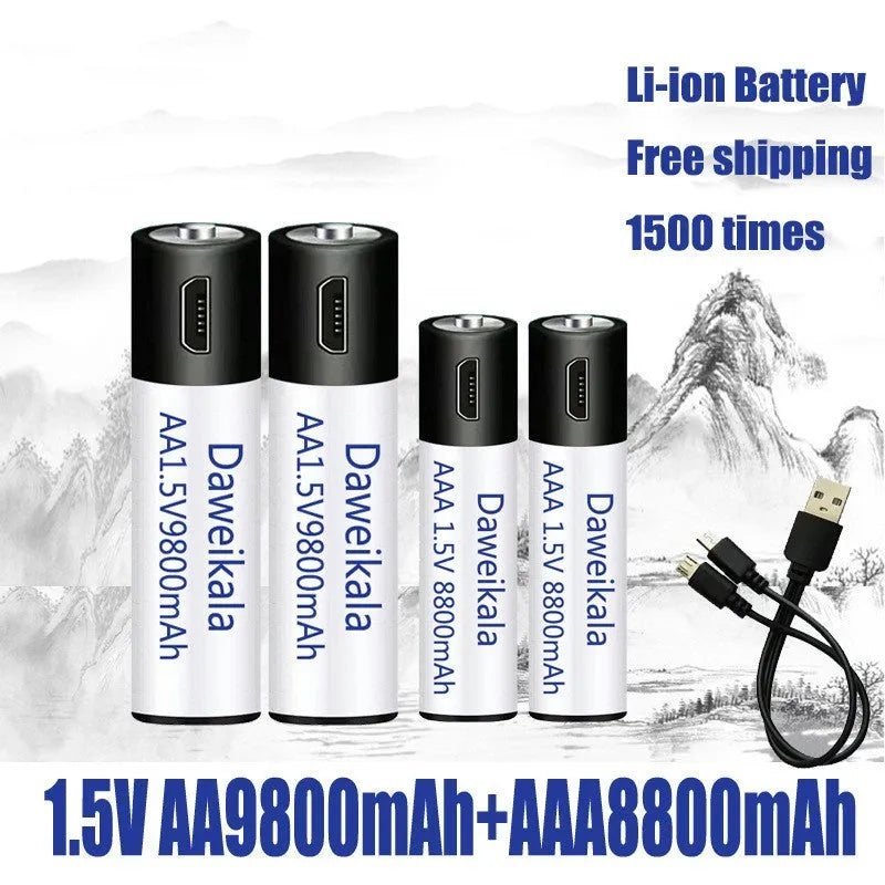 USB rechargeable AA AAA battery 1.5V 1500 cycles 10 year life high drain