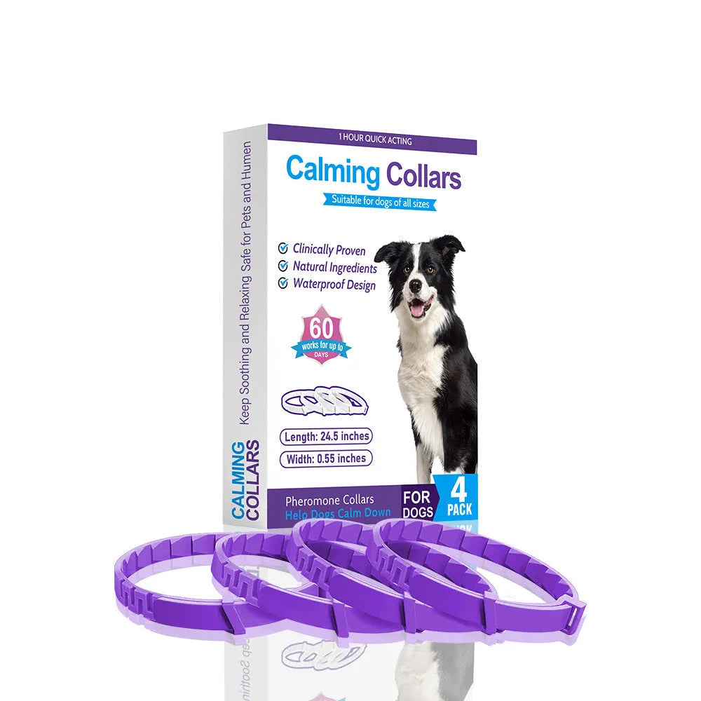 Set of four monochrome dog anxiety relief collars in different colours, showing buckle clasp and 62cm TPR band.
