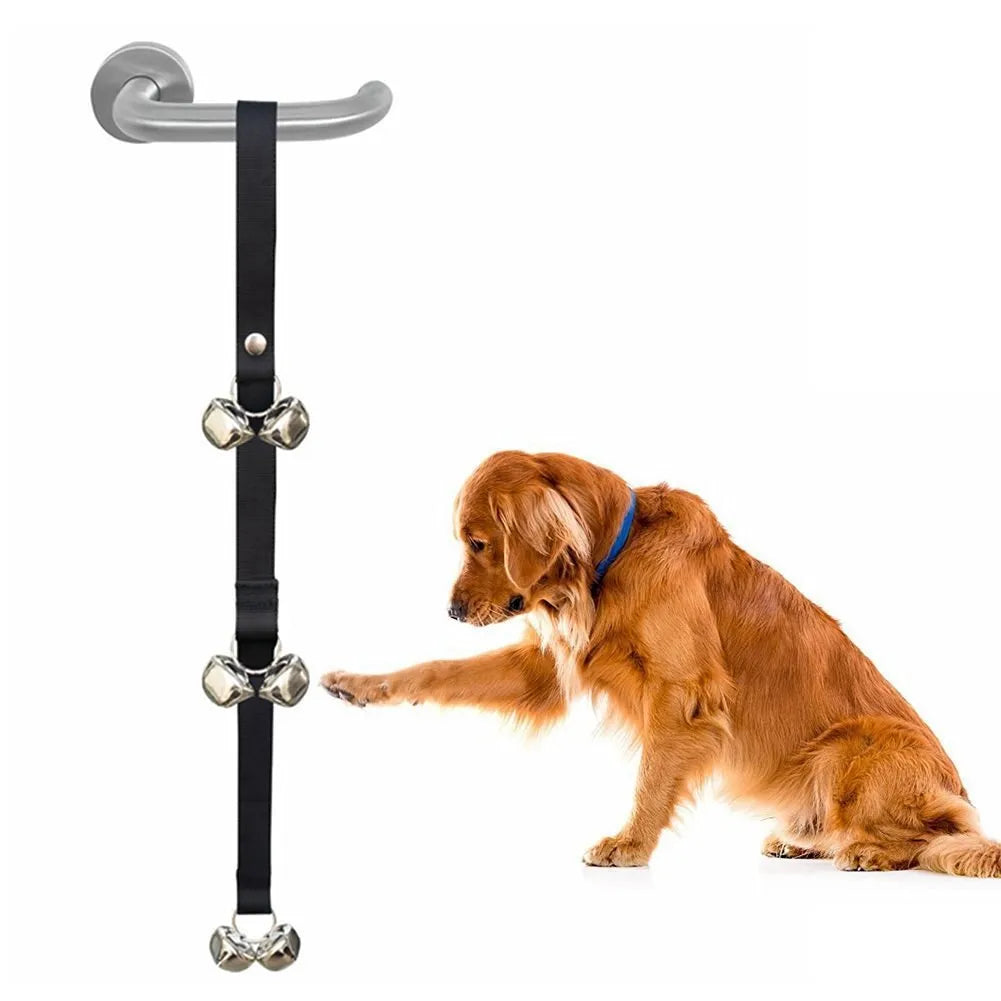 Premium adjustable dog training doorbell with extra large silver metal bells and nylon strap