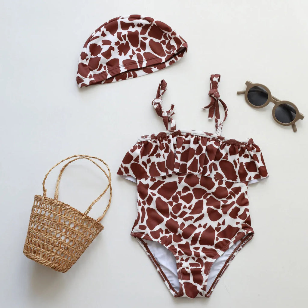 Girls' one piece swimsuit with high elasticity polyester fabric in floral and animal print designs