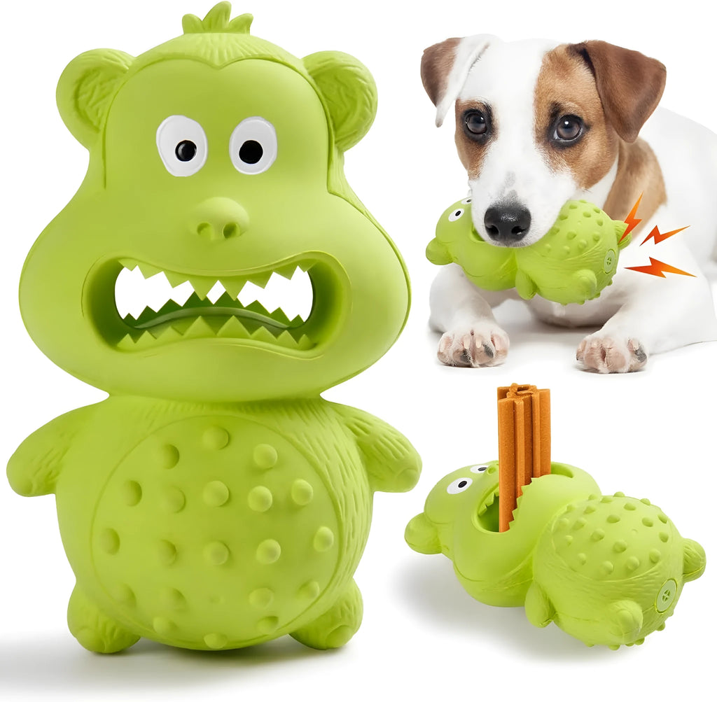 Green and yellow thick natural rubber squeaky dog toy for aggressive chewing breeds.