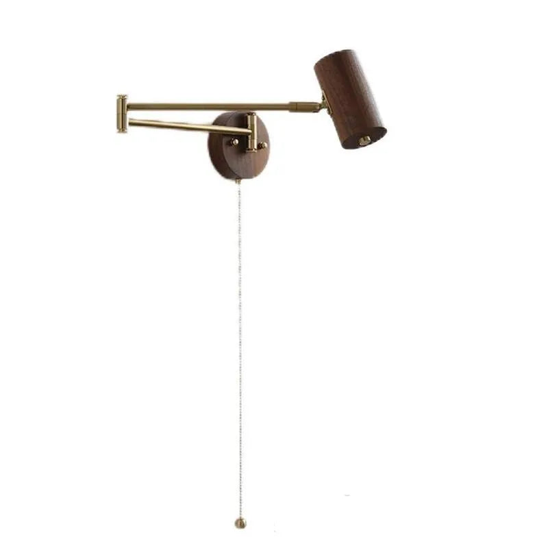 Retro industrial rotating wall lamp with long adjustable arm and integrated wall switch in walnut colour finish