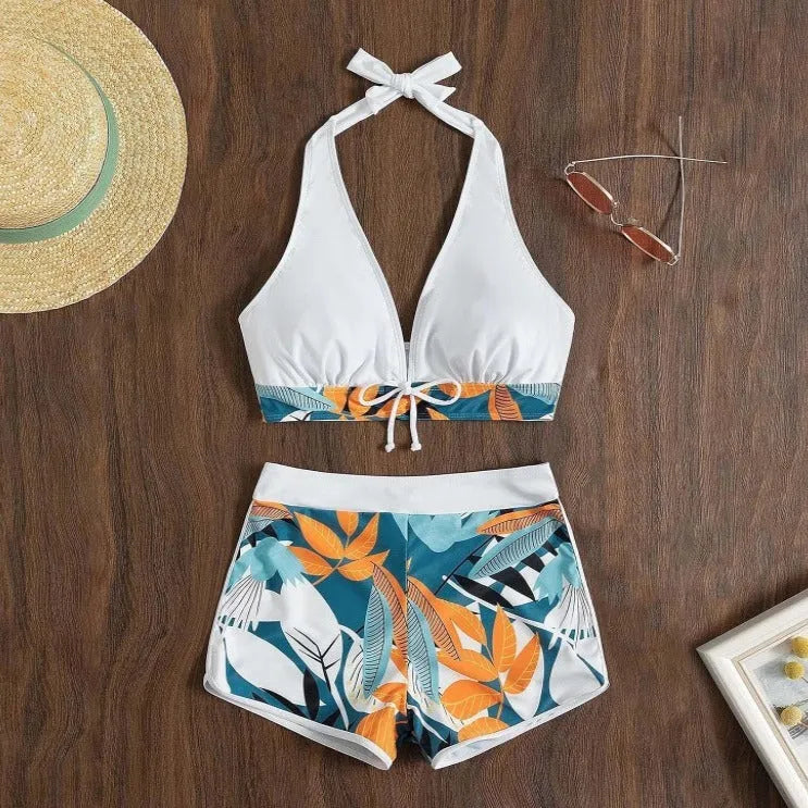 Women's solid colour top leaf print boxers swimsuit set in white, backless briefs, polyester
