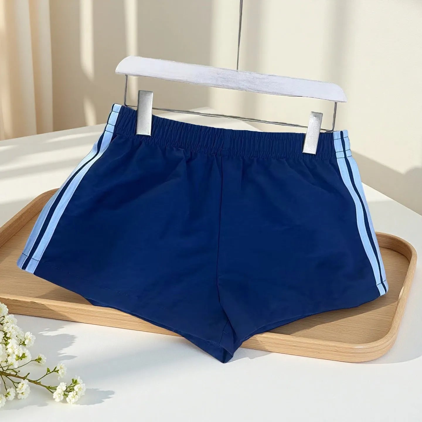 Men's navy blue high waist nylon hot pants with micro elastic fabric for casual sports wear