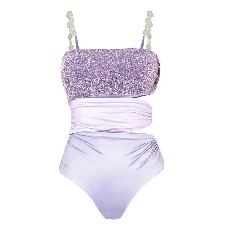 Purple one-piece swimsuit and coordinating wrap skirt set made from quick-drying polyester fabric