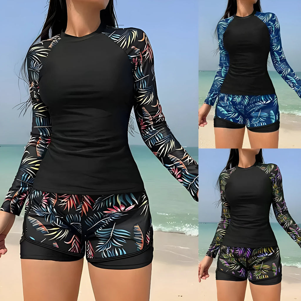 Printed stitching women's split tankini swimsuit in dark blue leaves pattern, polyester briefs style