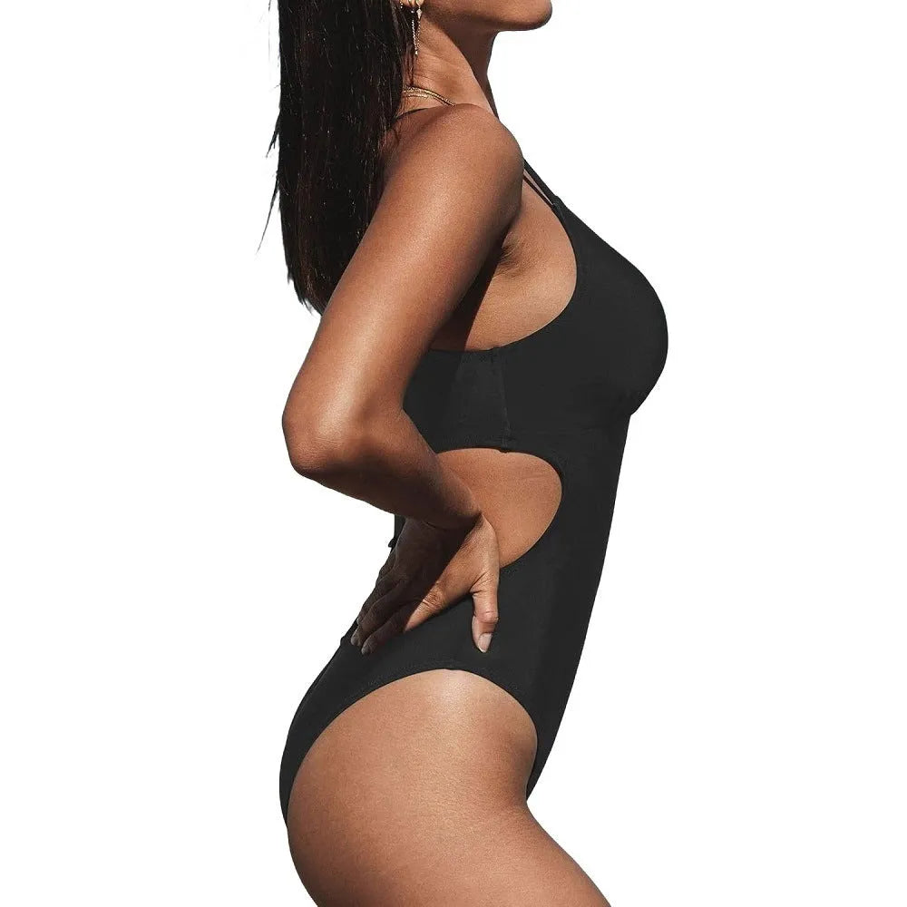 Women's solid colour nylon one-piece backless high-waist swimsuit for swimming