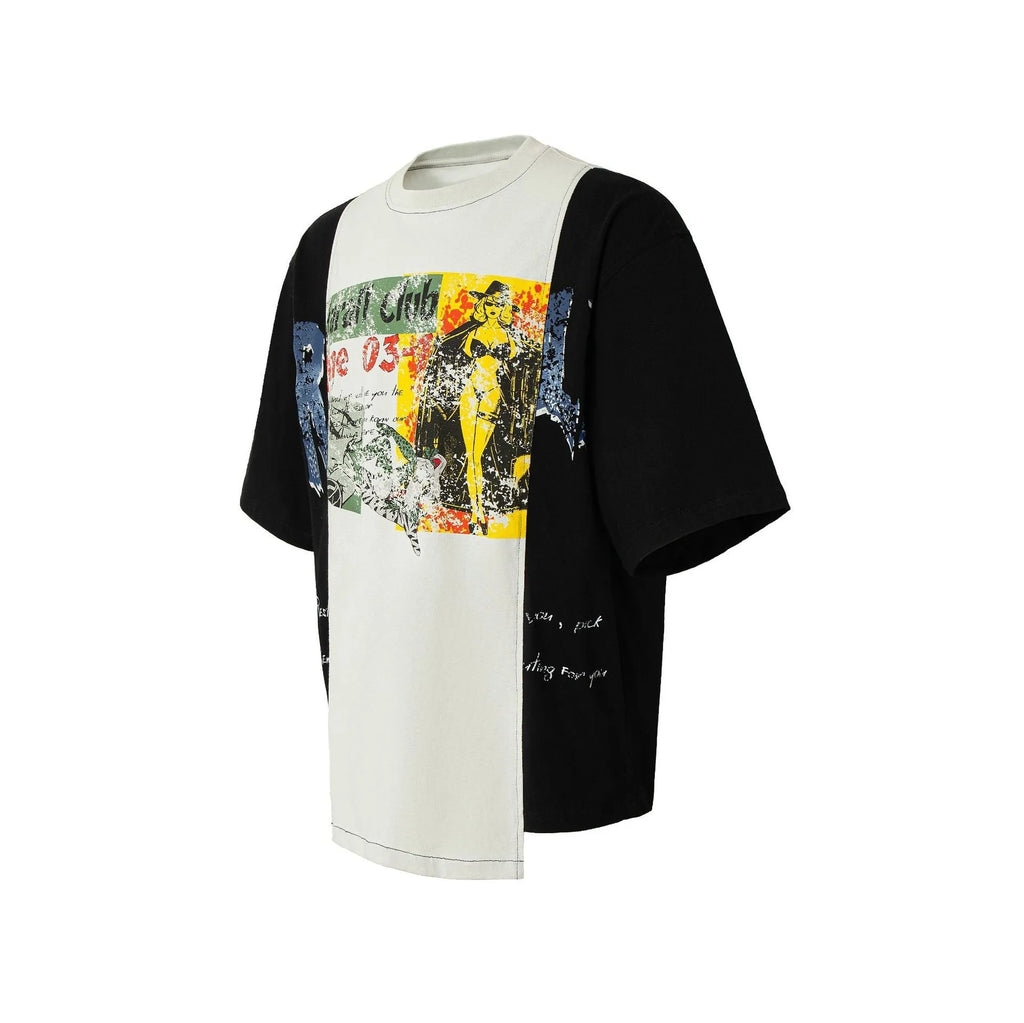 Black and white deconstruction collage printed cotton blend T-shirt with short sleeves and loose fit.