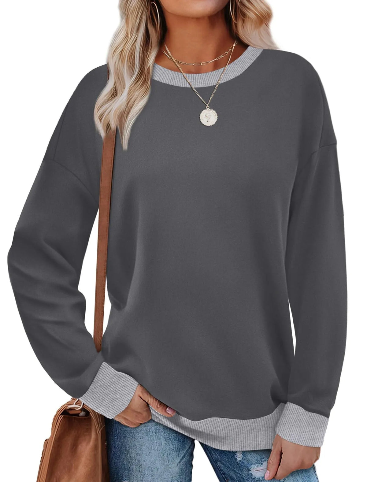 Loose round neck striped long-sleeved polyester top for women in seven colours