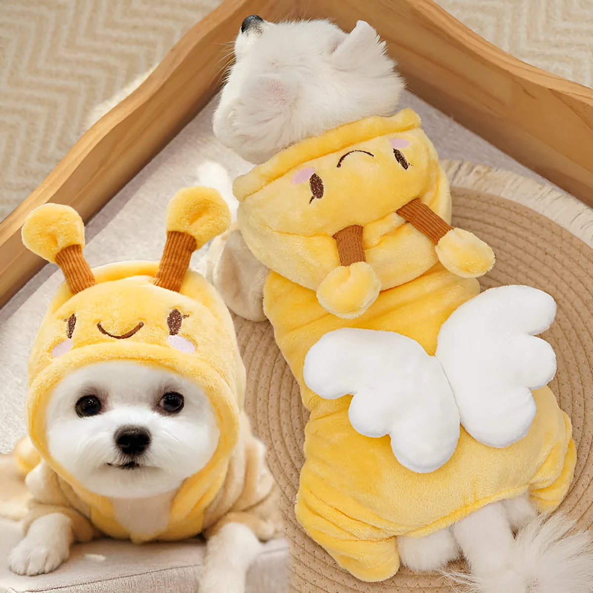 Four-legged fleece pet costume in smiling bee colour, back length 20-57cm, for dogs and cats unisex
